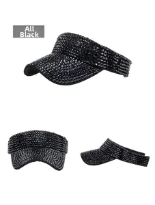 Three-dimensional views of black rhinestone sun visor hat with sparkling crystals