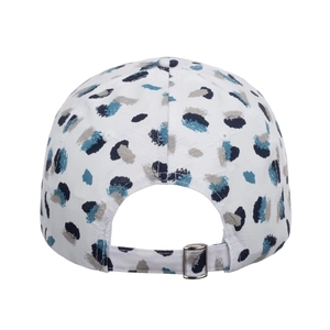 White baseball cap with blue graffiti print and metal buckle adjustment from the back