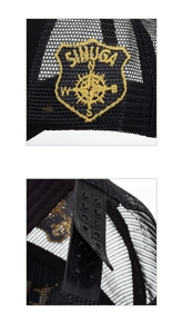 Vue détaillée de la broderie Sinuga et de l'attache réglable sur la casquette en filet