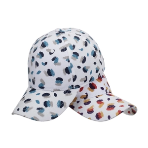 Fashionable baseball caps with abstract leopard print in cool blue and warm orange tones