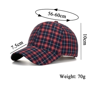 Plaid checkered baseball cap with cotton structure showing size and dimension details