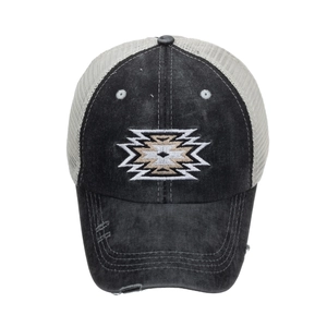 Vintage washed black trucker hat with mesh back and geometric embroidery detail