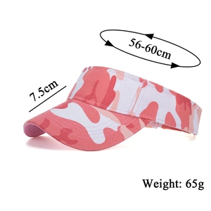 Pink camouflage sun visor detail showing 56-60cm circumference and 7.5cm brim measurements