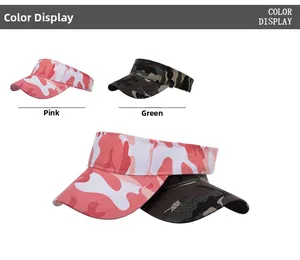 Detail view of adjustable camouflage sun visor hats in pink and green patterns