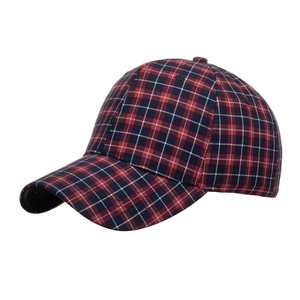 Classic plaid baseball cap with red, blue, and white tartan pattern for outdoor wear