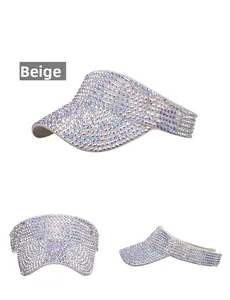 Detailed multi-view of a beige sun visor hat encrusted with iridescent rhinestones