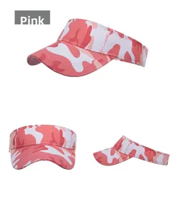 Three-angle view of pink camouflage cotton sun visor hat with open top for outdoor golf