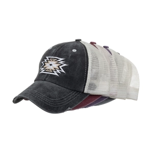 Distressed washed cotton ponytail baseball caps with mesh back and geometric embroidery