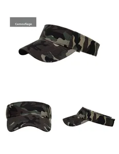 Detailed views of a green jungle camo sun visor with long brim for outdoor activities