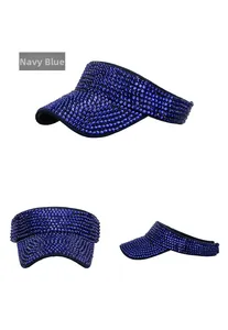 Navy blue sun visor with rhinestones shown from front, side and top view angles