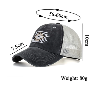 Vintage dark gray washed baseball cap with ethnic embroidery and breathable mesh back