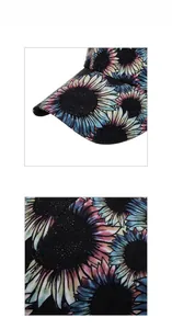 Makroaufnahme des Stoffes mit Sonnenblumenmuster und Nähten einer Damen Baseballkappe