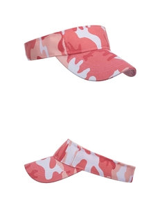 Detail view showing pink camouflage cotton sun visors with adjustable straps and texture