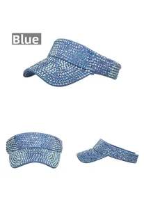 Detail view of blue sun visor hat with sparkling rhinestones from multiple angles