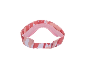 Detail of pink camouflage sun visor hat with adjustable hook and loop strap closure