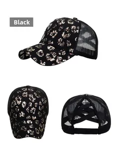 Three-angle views of a black leopard print mesh ponytail baseball cap with elastic bands