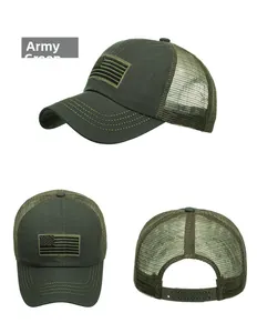 Vue sous trois angles d'une casquette de baseball tactique vert armée avec drapeau US