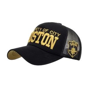 Casquette trucker Boston noire avec filet respirant et broderie dorée sur la visière