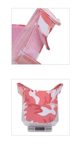 Detail of pink camo sun visor showing adjustable velcro strap and lightweight 63g weight