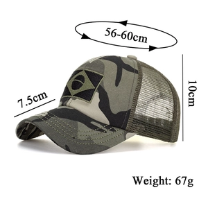 Detail view of camouflage mesh trucker hat with Brazil flag patch and size specifications