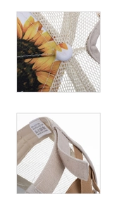 Detail der Sonnenblumen-Basecap mit atmungsaktivem Netz, Waschetikett und Klettverschluss