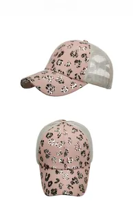Pink leopard print ponytail baseball trucker hat with grey breathable mesh details