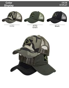 Detail view of mesh baseball caps in camouflage, army green, and black with logo patch