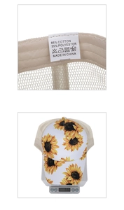 Detail der Sonnenblumen-Kappe zeigt Baumwoll-Netzstoff Etikett und Gewichtsmessung