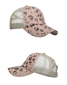 Detail view of pink leopard print trucker hat with breathable mesh and adjustable strap