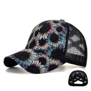 Sonnenblume Druck Mesh Baseballkappe Damen Criss Cross Pferdeschwanz Hut Atmungsaktiv Sonnenschutz Outdoor Casual Sport Kopfbedeckung