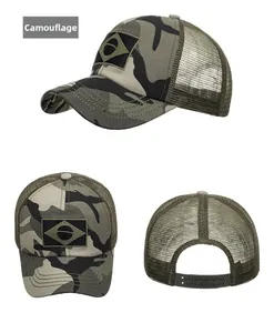Detailed views of camouflage baseball cap with Brazil flag patch and mesh back