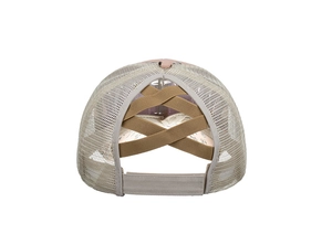 Detail of cross elastic ponytail hole on mesh trucker baseball cap with leopard print