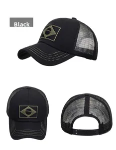 Three views of black trucker hat with mesh back, camouflage flag patch and adjustable strap