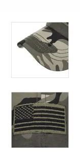 Détail de la casquette camouflage avec écusson drapeau brodé et coutures renforcées