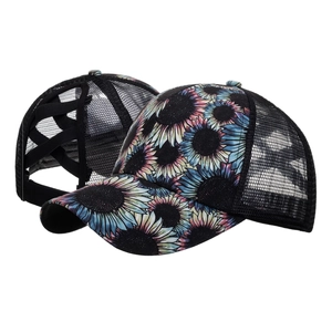 Sonnenblumen-Baseballkappe mit Pferdeschwanz-Loch und blau-rosa Blumendruck-Netz