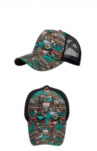 Detail view of western bull skull and leopard print on breathable mesh baseball cap