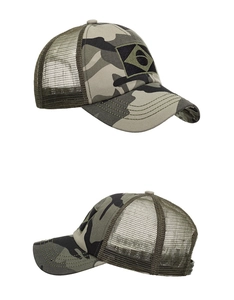 Detailed views showing camouflage trucker hat with mesh back and embroidered patch