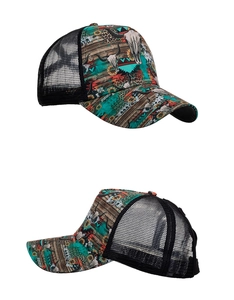Detail view of Western trucker hat featuring bull skull, sunflower and leopard prints
