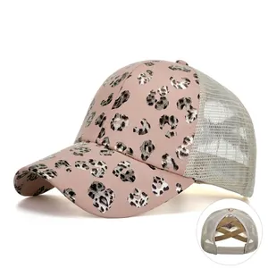 Women's Leopard Print Ponytail Baseball Cap Mesh Breathable High Messy Bun Adjustable Sun Hat Criss Cross Fashion Trucker Hat
