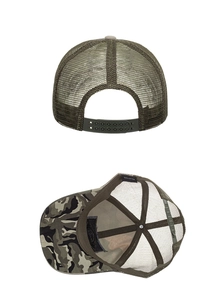 Detail showing the snapback closure and internal 100% cotton label of camo trucker hat