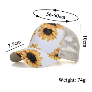 Casquette de baseball en maille avec imprimé tournesol pour femme et spécifications