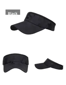 Detailed three-angle view of black camouflage visor with wide brim and adjustable strap