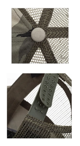 Close-up of camouflage trucker hat featuring breathable mesh and adjustable snapback closure