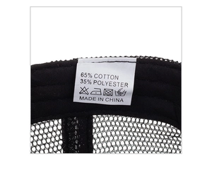 Detail of internal care label on striped mesh baseball cap showing fabric composition