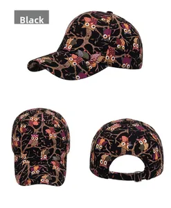 Detailed views of cotton baseball cap with owl pattern and adjustable metal buckle