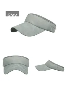 Detailed views of a grey camouflage sun visor hat with extended brim for outdoor sports