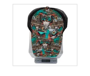 Lightweight 74.4g Western style trucker hat with bull skull and sunflower print design