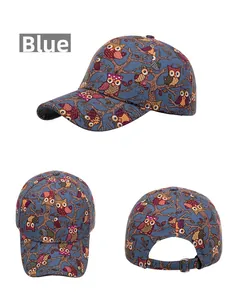 Three views of blue baseball cap showing detailed owl print patterns and metal back buckle