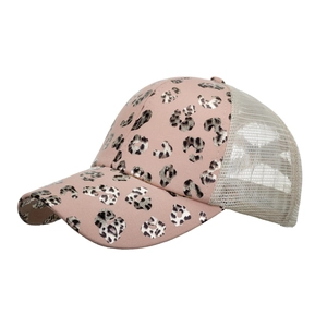 Pink leopard print ponytail baseball cap with breathable mesh and metallic pattern