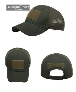 Detail view of military green tactical baseball cap with mesh panels and velcro patches